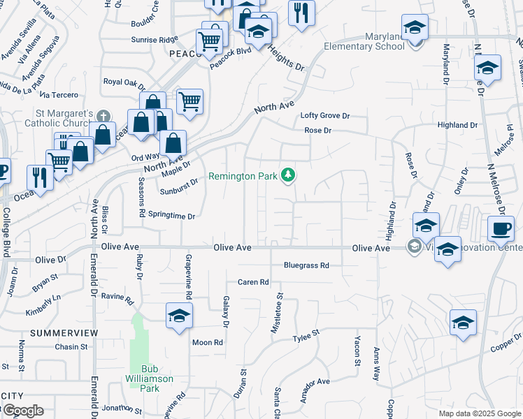 map of restaurants, bars, coffee shops, grocery stores, and more near 1333 Olive Avenue in Vista