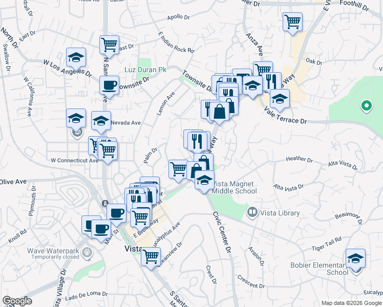 map of restaurants, bars, coffee shops, grocery stores, and more near 141 Hillside Terrace in Vista