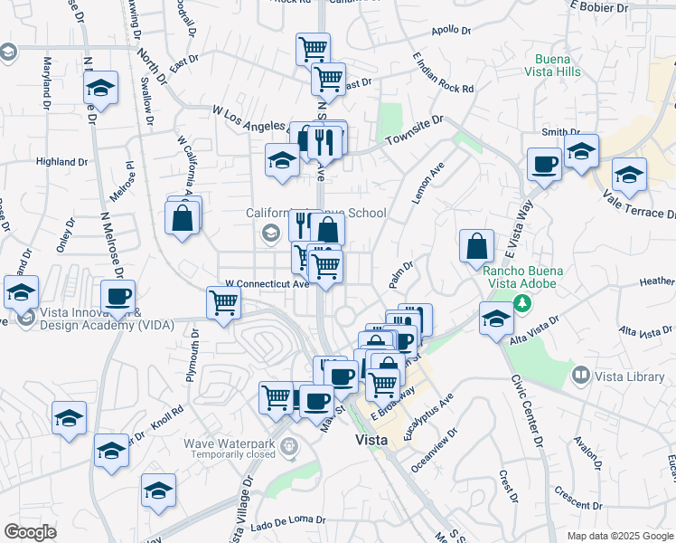 map of restaurants, bars, coffee shops, grocery stores, and more near 535 North Santa Fe Avenue in Vista