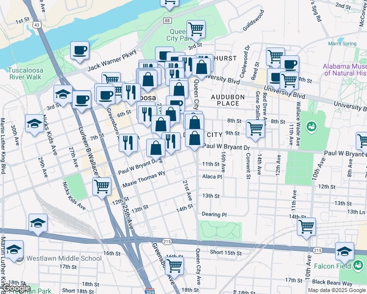 map of restaurants, bars, coffee shops, grocery stores, and more near 905 20th Ave in Tuscaloosa