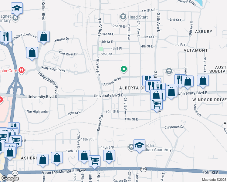 map of restaurants, bars, coffee shops, grocery stores, and more near 821 21st Avenue East in Tuscaloosa