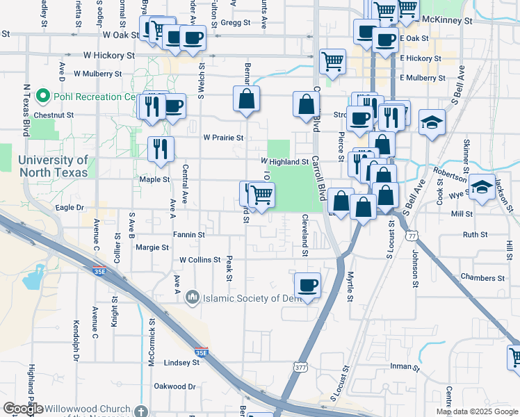 map of restaurants, bars, coffee shops, grocery stores, and more near 800 Eagle Drive in Denton