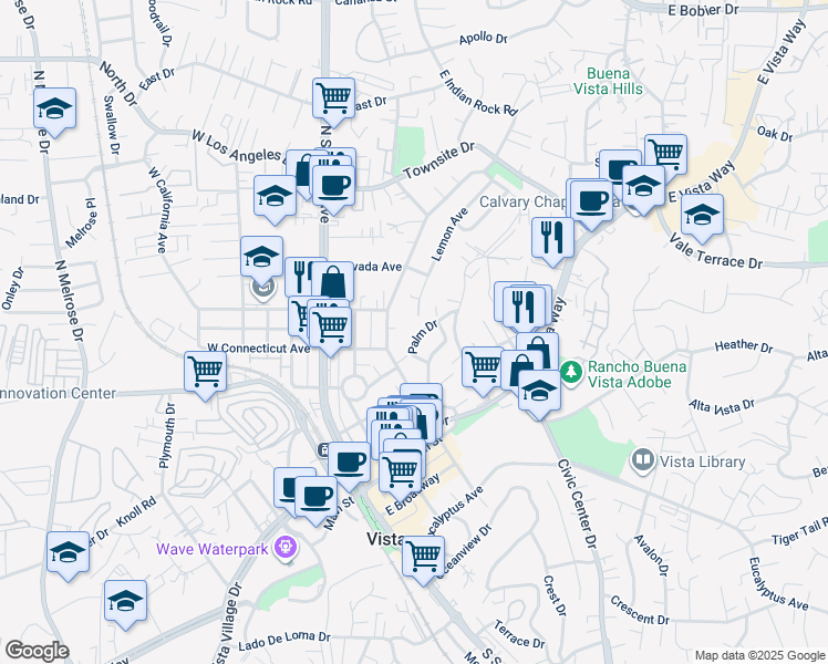 map of restaurants, bars, coffee shops, grocery stores, and more near 456 Palm Drive in Vista