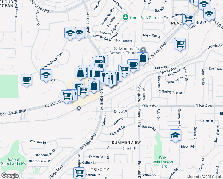map of restaurants, bars, coffee shops, grocery stores, and more near 4225 Oceanside Boulevard in Oceanside