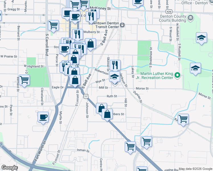 map of restaurants, bars, coffee shops, grocery stores, and more near 816 Cross Timber Street in Denton