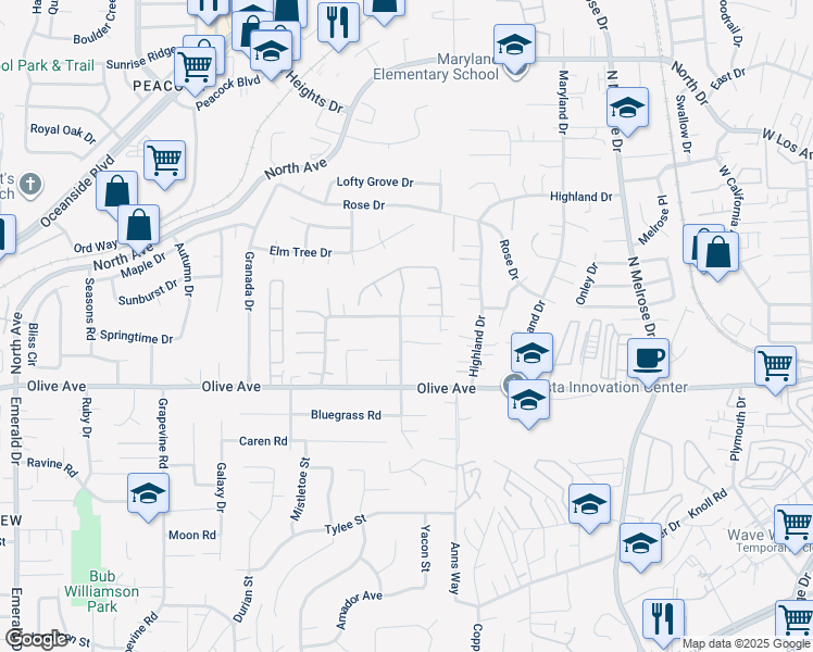 map of restaurants, bars, coffee shops, grocery stores, and more near 777 Bonita Drive in Vista