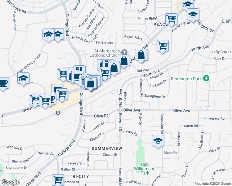 map of restaurants, bars, coffee shops, grocery stores, and more near 2406 Maravilla Way in Oceanside