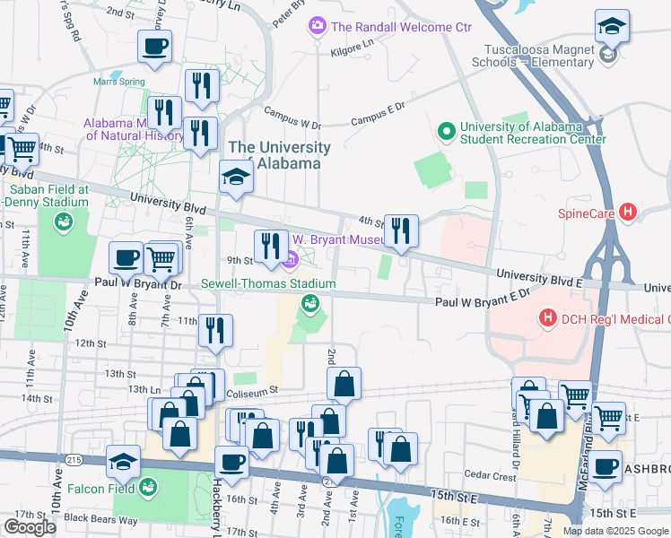 map of restaurants, bars, coffee shops, grocery stores, and more near 905 2nd Avenue in Tuscaloosa