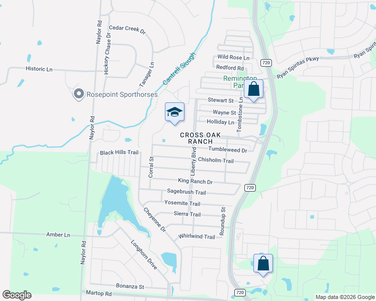map of restaurants, bars, coffee shops, grocery stores, and more near 8728 Tumbleweed Drive in Cross Roads