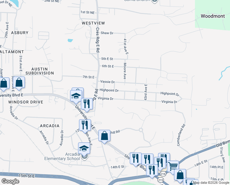 map of restaurants, bars, coffee shops, grocery stores, and more near 4205 Highpoint Drive in Tuscaloosa