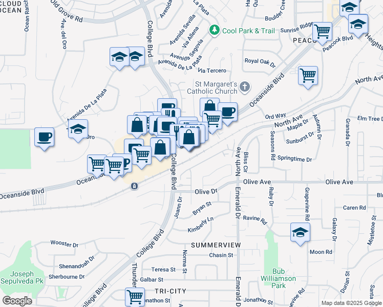 map of restaurants, bars, coffee shops, grocery stores, and more near 4225 Oceanside Boulevard in Oceanside