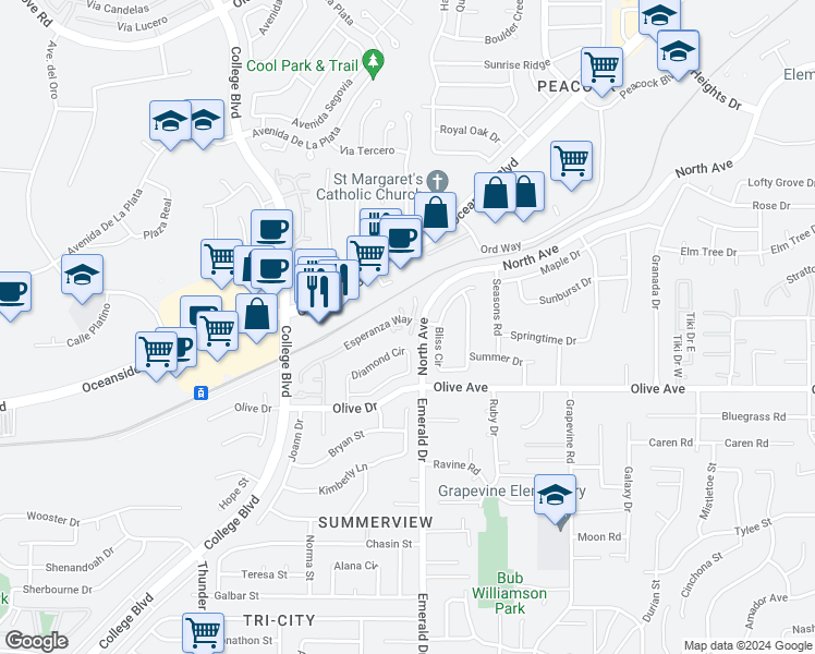 map of restaurants, bars, coffee shops, grocery stores, and more near 2406 Solazar Way in Oceanside