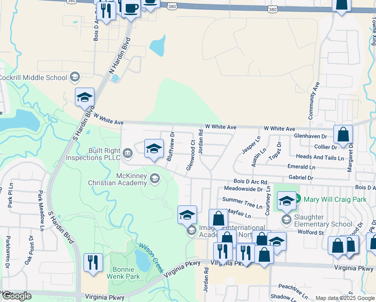 map of restaurants, bars, coffee shops, grocery stores, and more near 3404 Ivy Glen Drive in McKinney