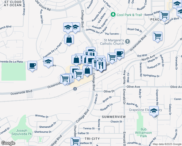 map of restaurants, bars, coffee shops, grocery stores, and more near in Oceanside