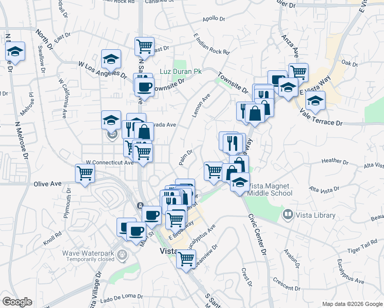 map of restaurants, bars, coffee shops, grocery stores, and more near 450 Hillside Terrace in Vista