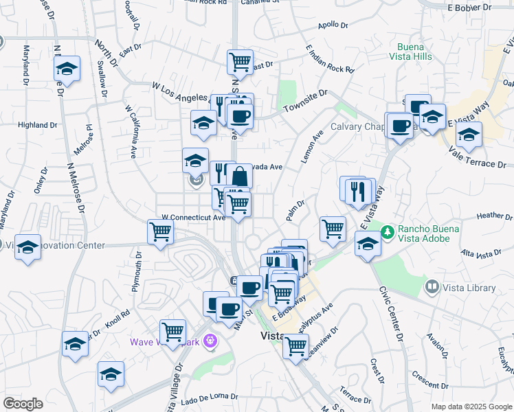 map of restaurants, bars, coffee shops, grocery stores, and more near 528 North Citrus Avenue in Vista