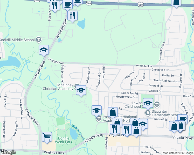 map of restaurants, bars, coffee shops, grocery stores, and more near 3404 Ivy Glen Drive in McKinney