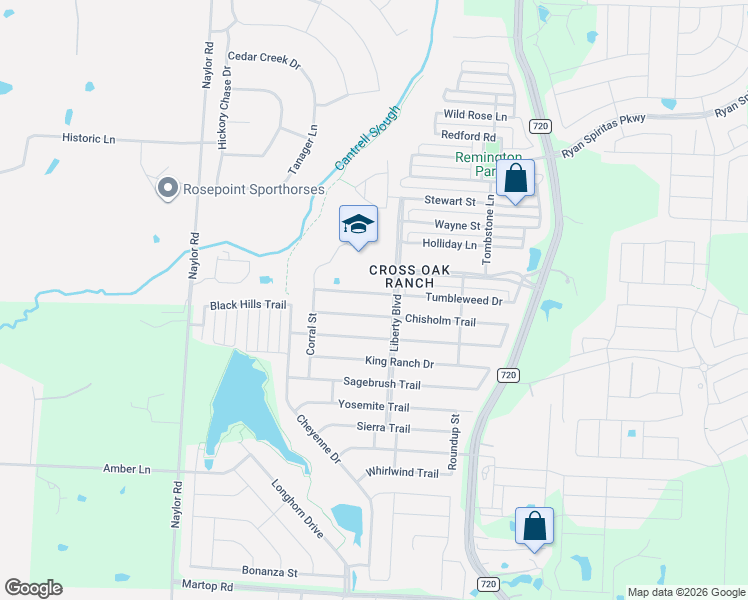 map of restaurants, bars, coffee shops, grocery stores, and more near 8728 Tumbleweed Drive in Cross Roads