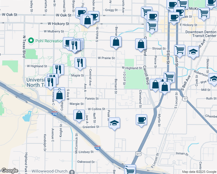 map of restaurants, bars, coffee shops, grocery stores, and more near 910-912 Eagle Drive in Denton