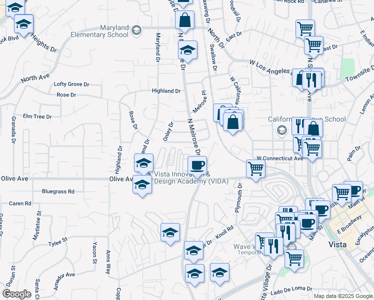 map of restaurants, bars, coffee shops, grocery stores, and more near 544 North Melrose Drive in Vista