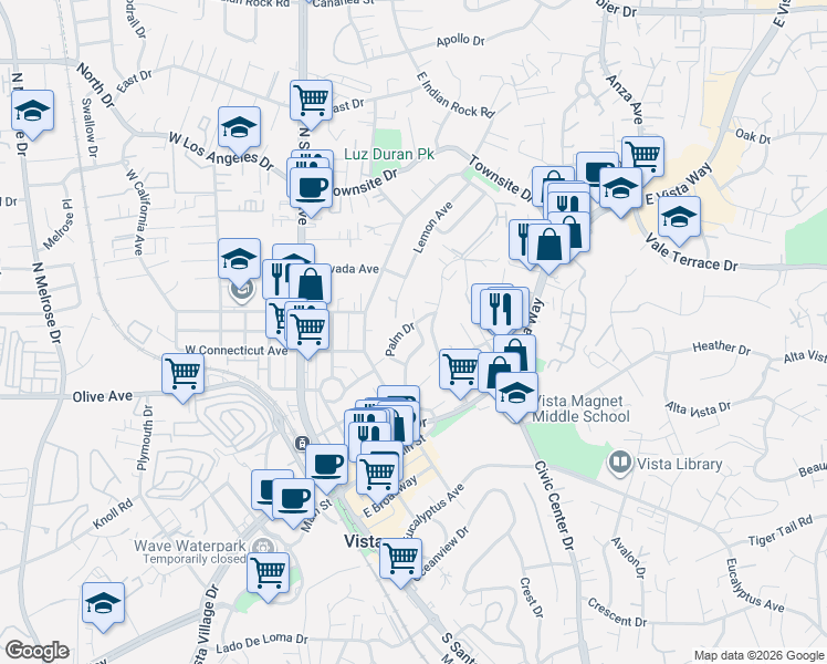 map of restaurants, bars, coffee shops, grocery stores, and more near 471 Palm Drive in Vista