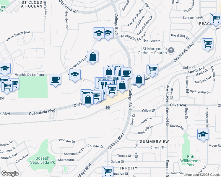 map of restaurants, bars, coffee shops, grocery stores, and more near 4136 Oceanside Boulevard in Oceanside