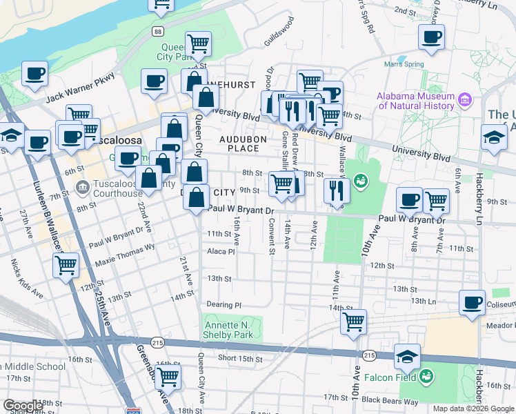 map of restaurants, bars, coffee shops, grocery stores, and more near 1432 Paul William Bryant Drive in Tuscaloosa