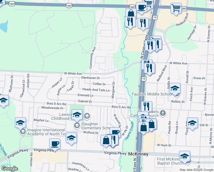 map of restaurants, bars, coffee shops, grocery stores, and more near 2317 Collier Drive in McKinney
