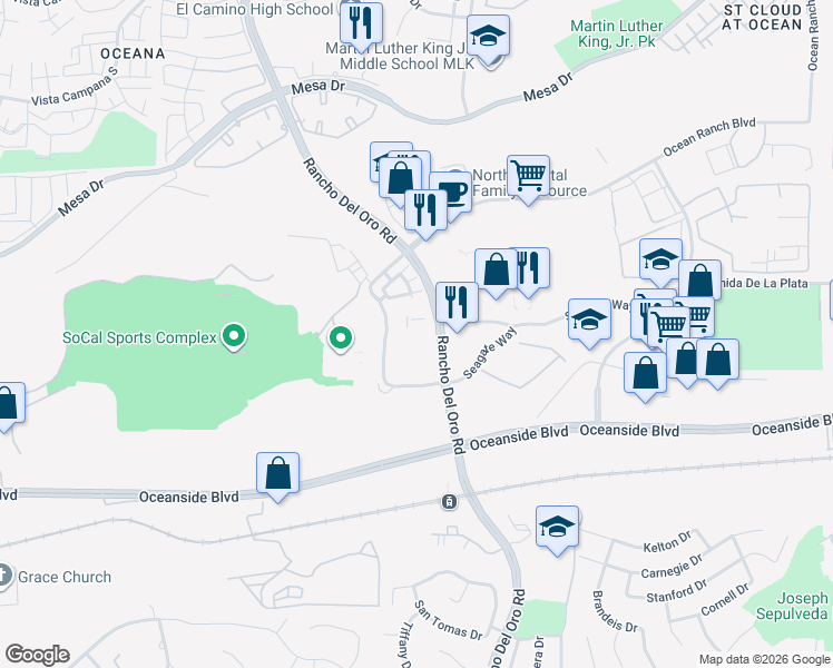 map of restaurants, bars, coffee shops, grocery stores, and more near 3546 Village Commercial Drive in Oceanside