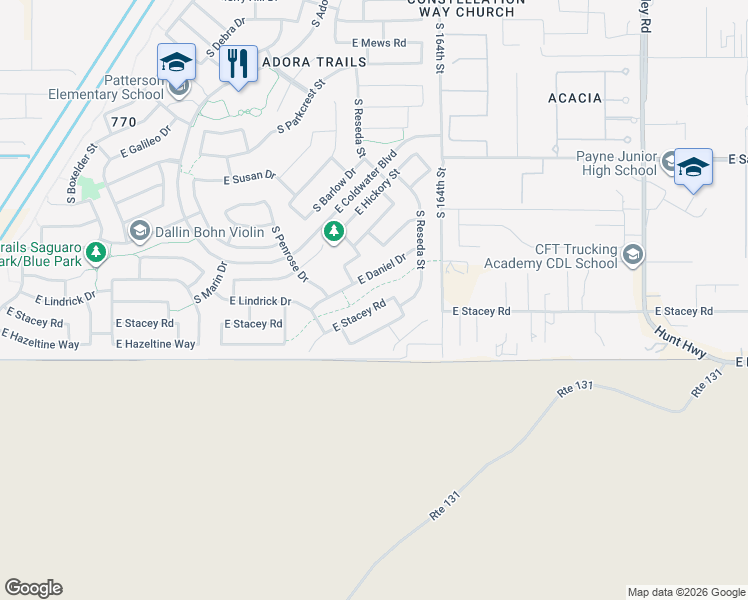 map of restaurants, bars, coffee shops, grocery stores, and more near 2662 East Stacey Road in Gilbert