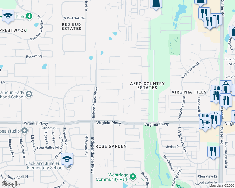 map of restaurants, bars, coffee shops, grocery stores, and more near 9800 Coyote Pass Trail in McKinney