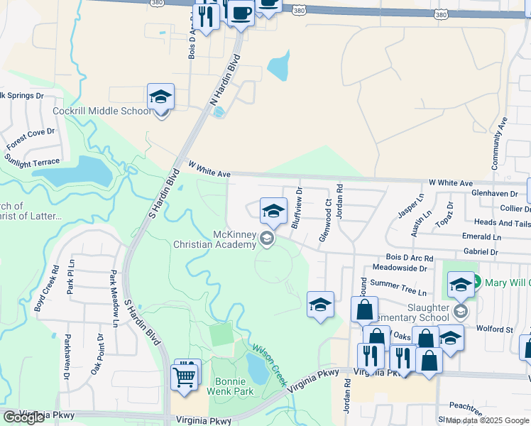 map of restaurants, bars, coffee shops, grocery stores, and more near 3608 Crestcreek Court in McKinney