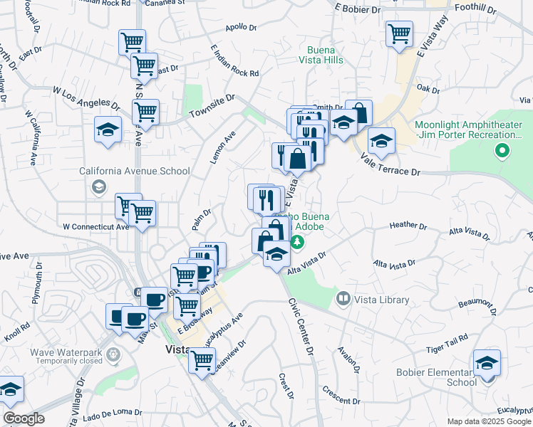 map of restaurants, bars, coffee shops, grocery stores, and more near 141 Hillside Terrace in Vista