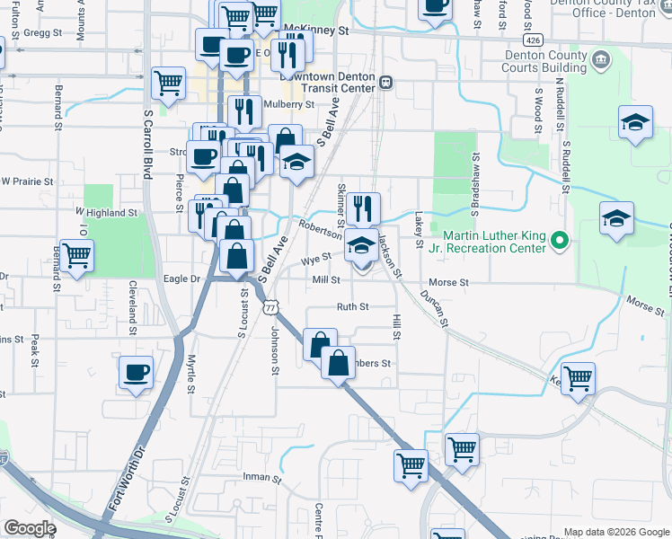 map of restaurants, bars, coffee shops, grocery stores, and more near 816 Cross Timber Street in Denton
