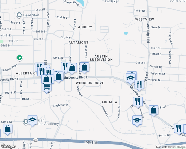 map of restaurants, bars, coffee shops, grocery stores, and more near 3120 University Boulevard East in Tuscaloosa