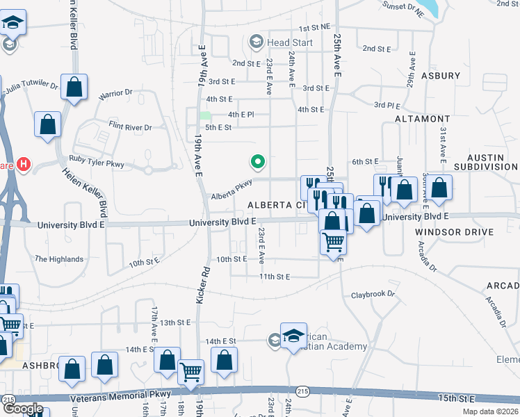 map of restaurants, bars, coffee shops, grocery stores, and more near 2210 University Boulevard East in Tuscaloosa
