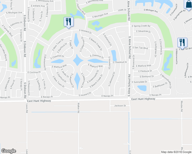 map of restaurants, bars, coffee shops, grocery stores, and more near 26409 South Greencastle Drive in Sun Lakes