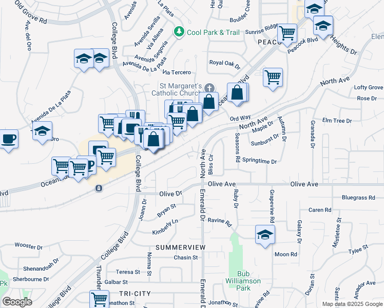 map of restaurants, bars, coffee shops, grocery stores, and more near 2406 Solazar Way in Oceanside