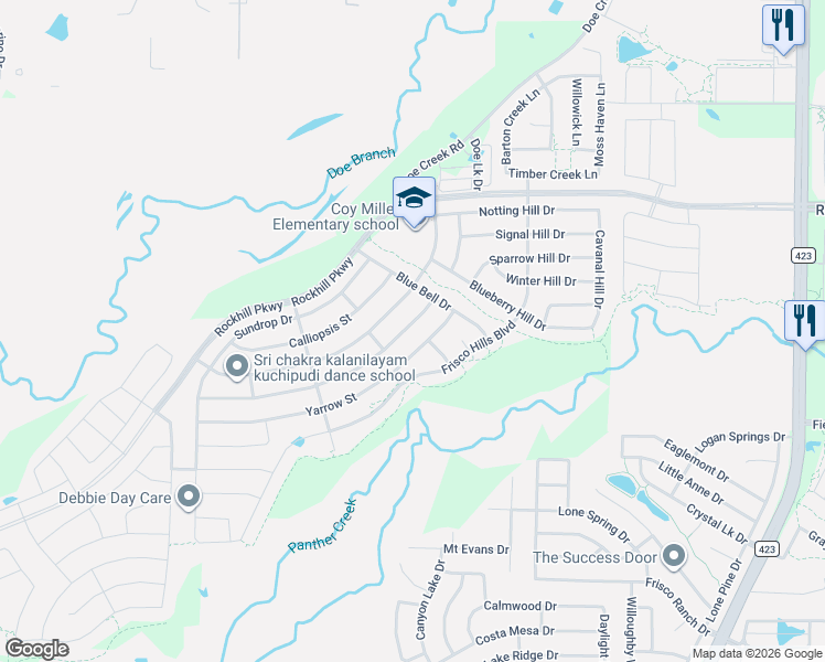 map of restaurants, bars, coffee shops, grocery stores, and more near 605 Mist Flower Drive in Little Elm