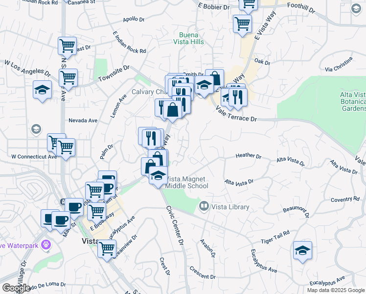 map of restaurants, bars, coffee shops, grocery stores, and more near 715 Paseo Roble in Vista