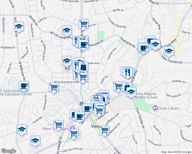 map of restaurants, bars, coffee shops, grocery stores, and more near 528 North Citrus Avenue in Vista
