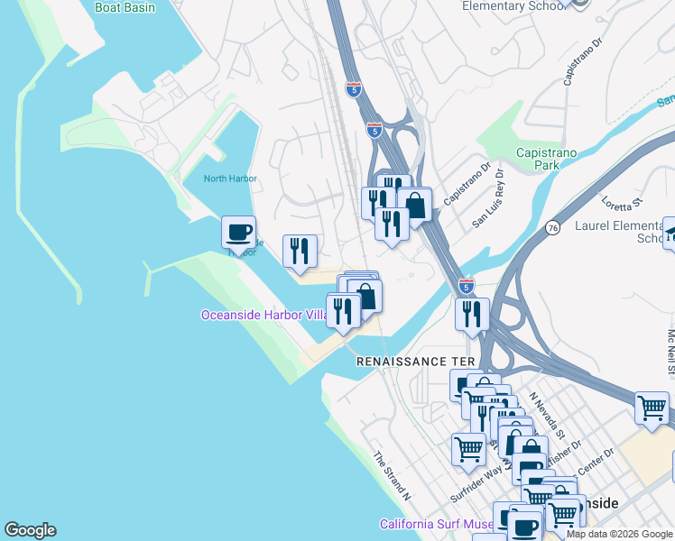map of restaurants, bars, coffee shops, grocery stores, and more near 1200 North Harbor Drive in Oceanside