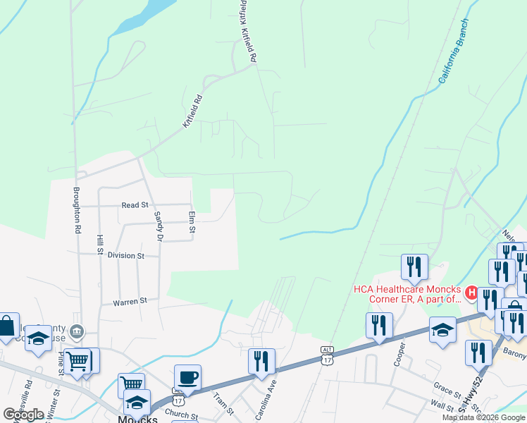 map of restaurants, bars, coffee shops, grocery stores, and more near 125 Arkman Lane in Moncks Corner