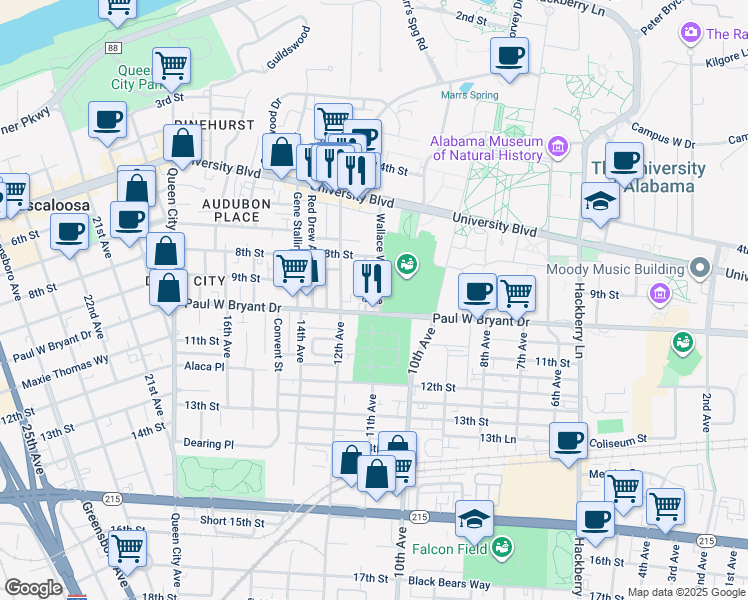 map of restaurants, bars, coffee shops, grocery stores, and more near 919 11th Avenue in Tuscaloosa