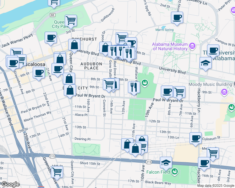 map of restaurants, bars, coffee shops, grocery stores, and more near 1214 Paul W. Bryant Drive in Tuscaloosa