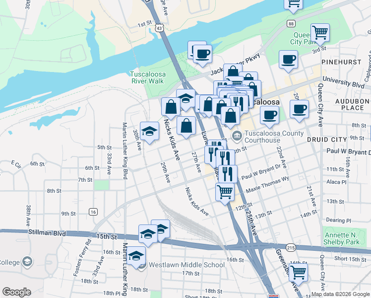 map of restaurants, bars, coffee shops, grocery stores, and more near 601-699 27th Ave in Tuscaloosa