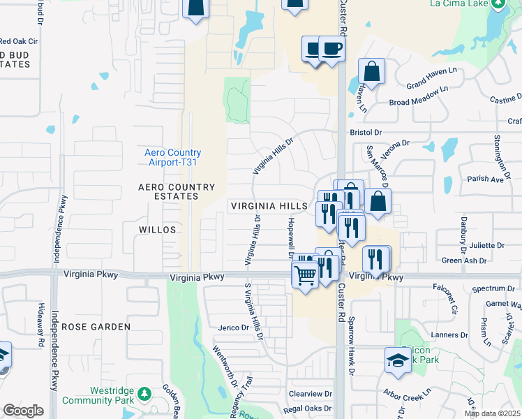 map of restaurants, bars, coffee shops, grocery stores, and more near 9220 Bedford Lane in McKinney