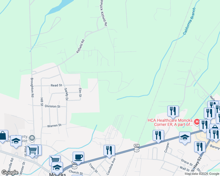 map of restaurants, bars, coffee shops, grocery stores, and more near 125 Arkman Lane in Moncks Corner