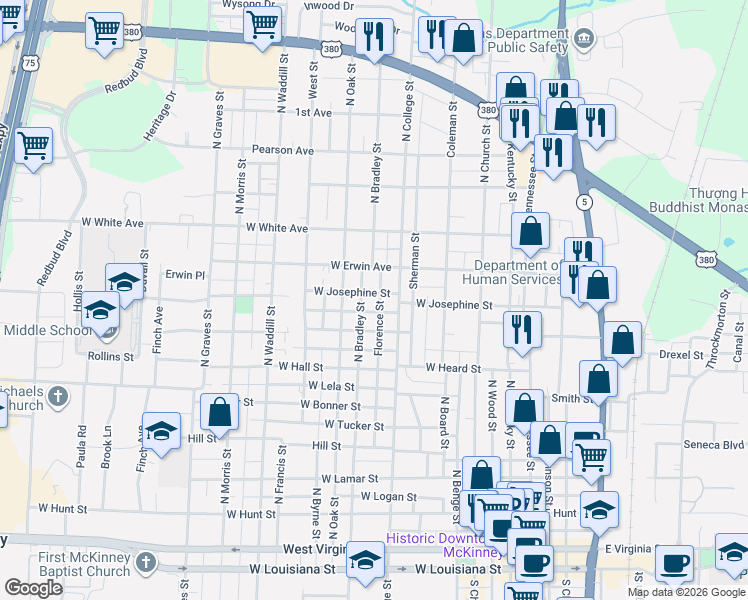 map of restaurants, bars, coffee shops, grocery stores, and more near 705 West Josephine Street in McKinney