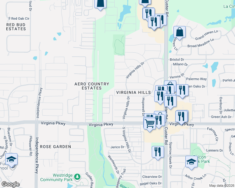 map of restaurants, bars, coffee shops, grocery stores, and more near 9328 Bedford Lane in McKinney